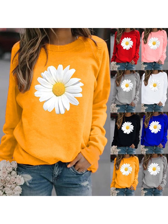 Womens Casual Crewneck Pullover Daisy Graphic Print Sweatshirt Long Sleeve Relaxed Fit Activewear Soft Lightweight French Terry Hoodie