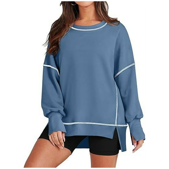 Womens Casual Crewneck Sweatshirt Batwing Long Sleeve Side Slit Tops Oversized Loose Fit Lightweight Sweatshirt