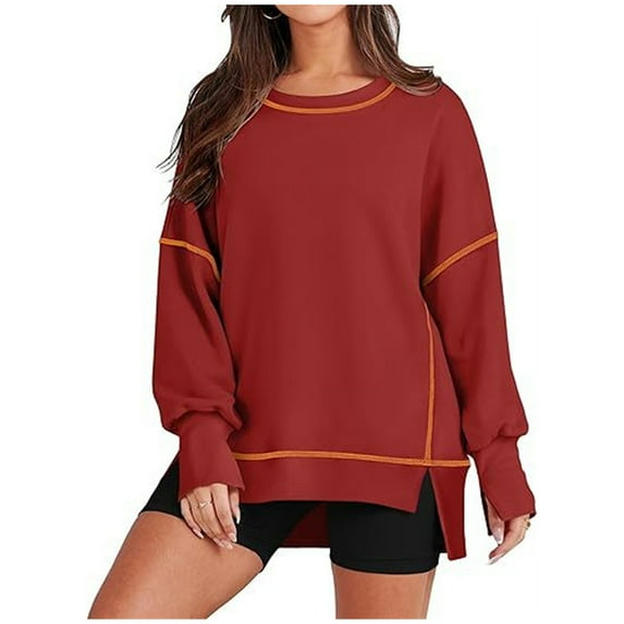 Womens Casual Crewneck Sweatshirt Batwing Long Sleeve Side Slit Tops Oversized Loose Fit Lightweight Sweatshirt