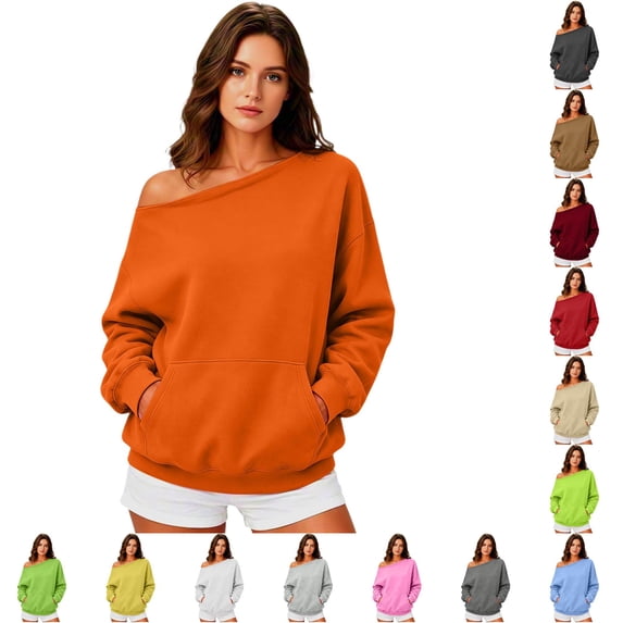 Womens Casual Crewneck Sweatshirt Long Sleeve Off Shoulder Top Loose Fit Cozy Fall Winter Pullover