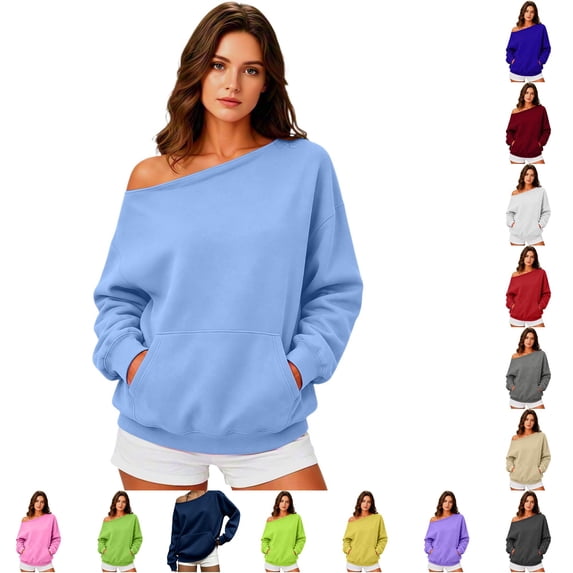 Womens Casual Crewneck Sweatshirt Long Sleeve Off Shoulder Top Loose Fit Cozy Fall Winter Pullover