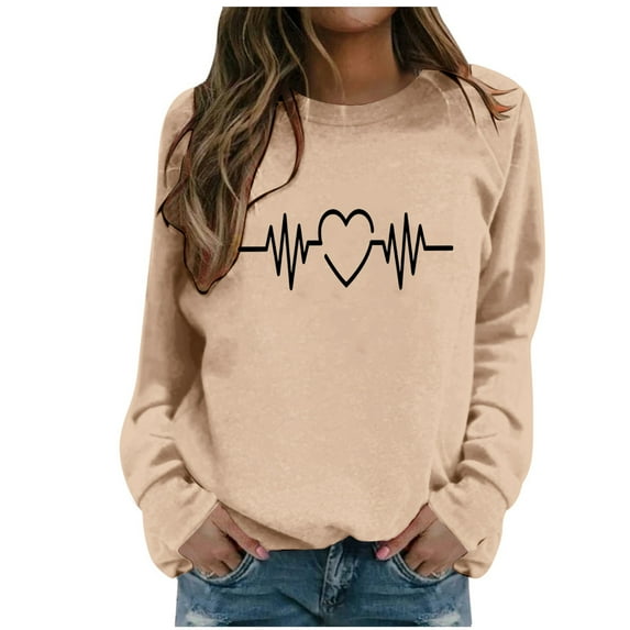 Womens Casual Crewneck Sweatshirts Fall Trendy Heartbeat Printed Long Sleeve Tops Casual Stretch Comfy Loose Fit Blouses