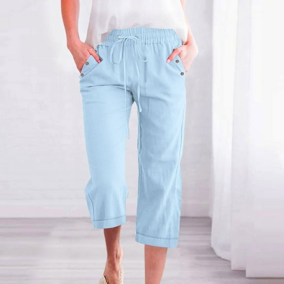 Womens Casual Cropped Pants Fashion Solid Color Cotton Linen Shorts Elastic Loose Pants Straight Wide Leg Trousers with Pocket(Flanged Button Style) Light Blue XXXL