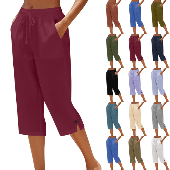 Womens Casual Capri Pants Plus Size Elastic Drawstring Straight Leg Capris Summer Beach Cropped Pants with Pockets,Sizes S-5XL