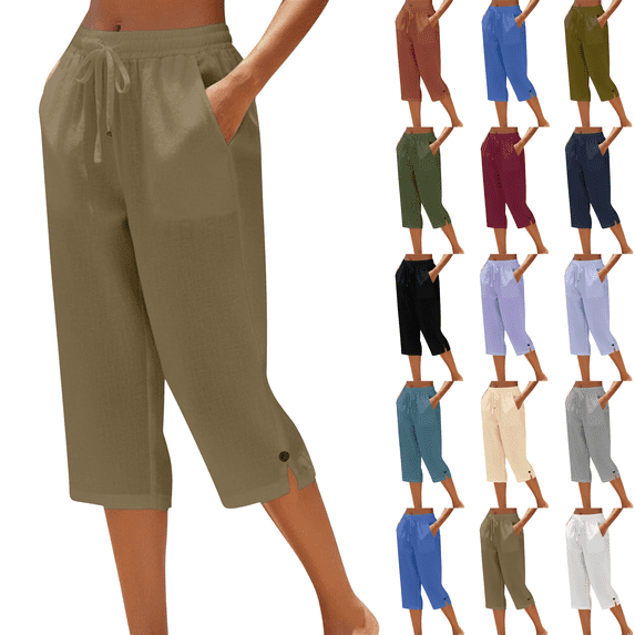 Womens Casual Capri Pants Plus Size Elastic Drawstring Straight Leg Capris Summer Beach Cropped Pants with Pockets,Sizes S-5XL