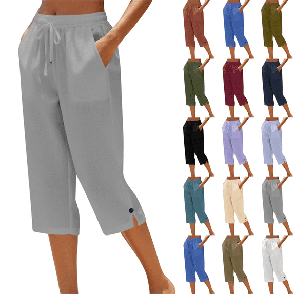 Womens Casual Capri Pants Plus Size Elastic Drawstring Straight Leg Capris Summer Beach Cropped Pants with Pockets,Sizes S-5XL