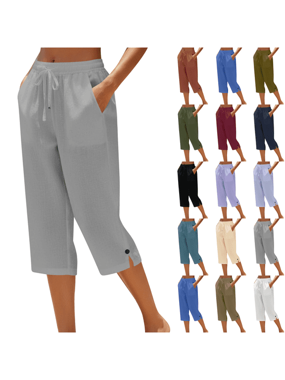 Womens Casual Capri Pants Plus Size Elastic Drawstring Straight Leg Capris Summer Beach Cropped Pants with Pockets,Sizes S-5XL
