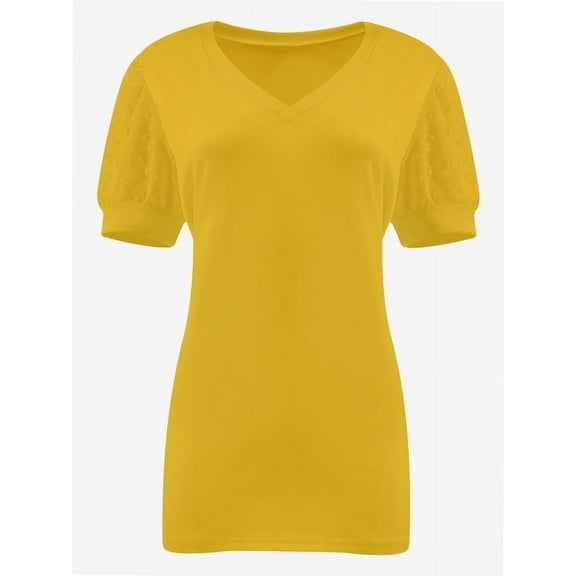 Womens Casual Cropped T Shirts V Neck Swiss Dot Puff Sleeve Crop Tops Summer Loose Basic Tees Tshirts