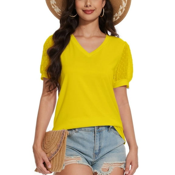 Womens Casual Cropped T Shirts V Neck Swiss Dot Puff Sleeve Crop Tops Summer Loose Basic Tees Tshirts