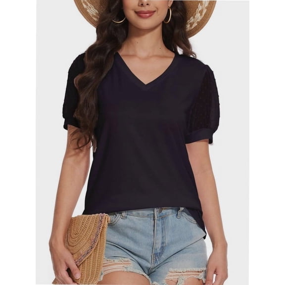 Womens Casual Cropped T Shirts V Neck Swiss Dot Puff Sleeve Crop Tops Summer Loose Basic Tees Tshirts