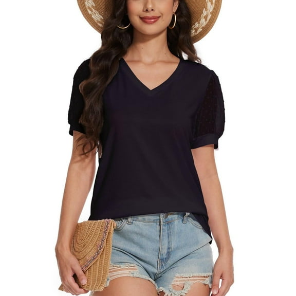 Womens Casual Cropped T Shirts V Neck Swiss Dot Puff Sleeve Crop Tops Summer Loose Basic Tees Tshirts