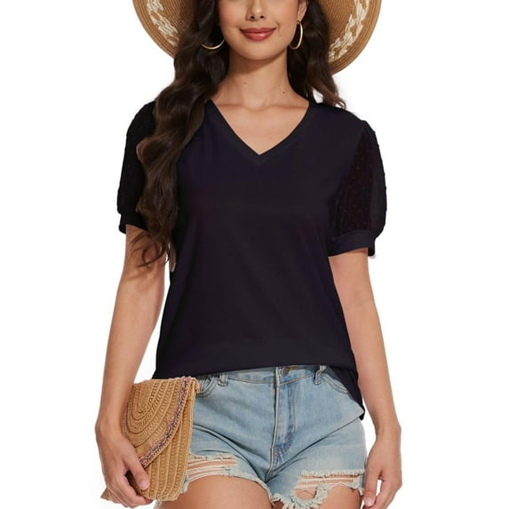 Womens Casual Cropped T Shirts V Neck Swiss Dot Puff Sleeve Crop Tops Summer Loose Basic Tees Tshirts