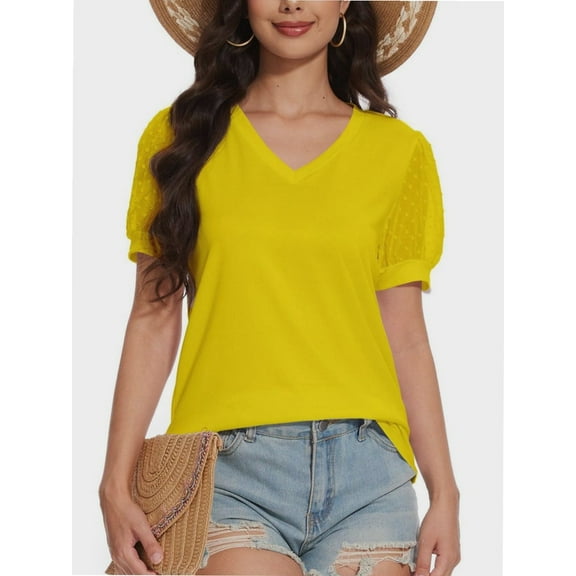 Womens Casual Cropped T Shirts V Neck Swiss Dot Puff Sleeve Crop Tops Summer Loose Basic Tees Tshirts