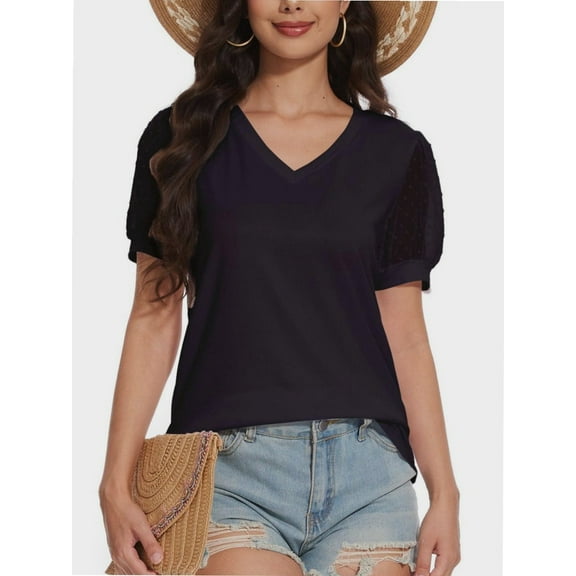 Womens Casual Cropped T Shirts V Neck Swiss Dot Puff Sleeve Crop Tops Summer Loose Basic Tees Tshirts