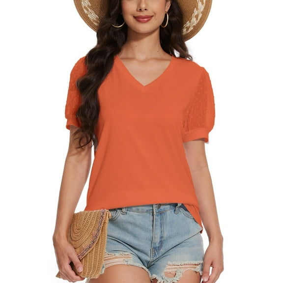 Womens Casual Cropped T Shirts V Neck Swiss Dot Puff Sleeve Crop Tops Summer Loose Basic Tees Tshirts