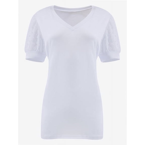 Womens Casual Cropped T Shirts V Neck Swiss Dot Puff Sleeve Crop Tops Summer Loose Basic Tees Tshirts