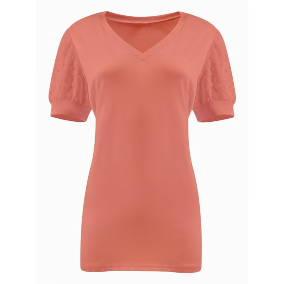 Womens Casual Cropped T Shirts V Neck Swiss Dot Puff Sleeve Crop Tops Summer Loose Basic Tees Tshirts