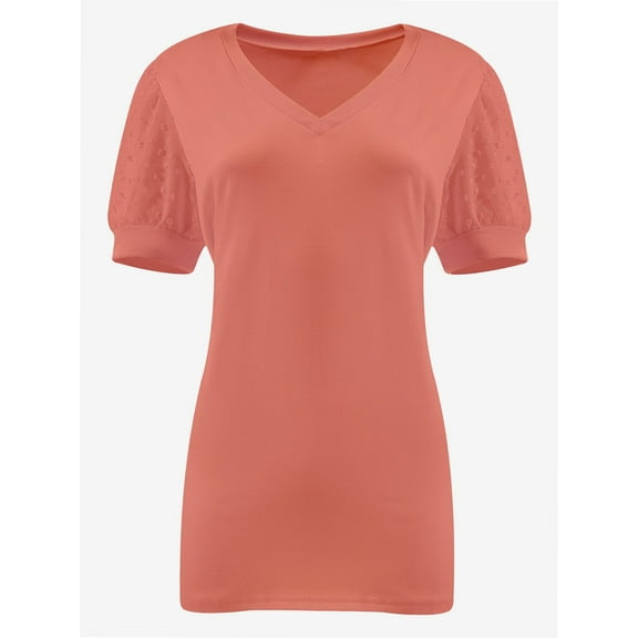 Womens Casual Cropped T Shirts V Neck Swiss Dot Puff Sleeve Crop Tops Summer Loose Basic Tees Tshirts