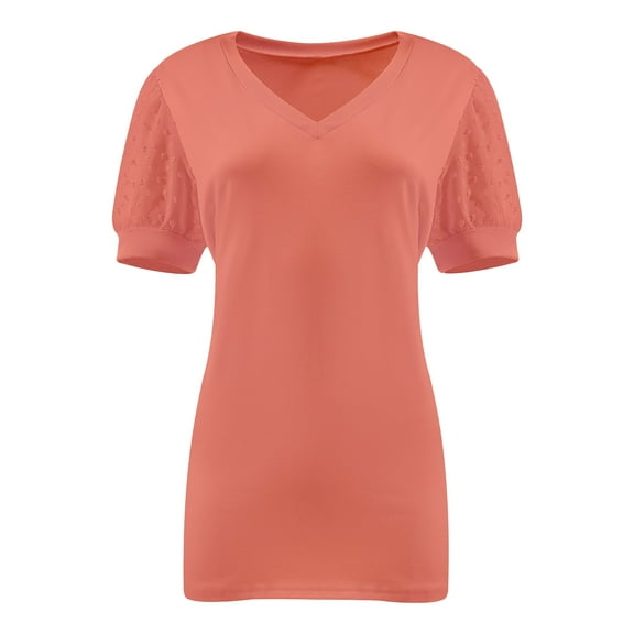 Womens Casual Cropped T Shirts V Neck Swiss Dot Puff Sleeve Crop Tops Summer Loose Basic Tees Tshirts