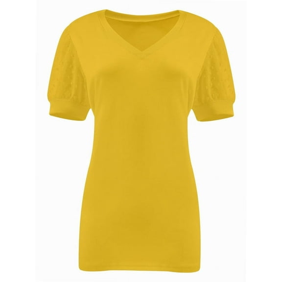 Womens Casual Cropped T Shirts V Neck Swiss Dot Puff Sleeve Crop Tops Summer Loose Basic Tees Tshirts