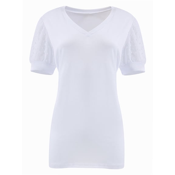 Womens Casual Cropped T Shirts V Neck Swiss Dot Puff Sleeve Crop Tops Summer Loose Basic Tees Tshirts