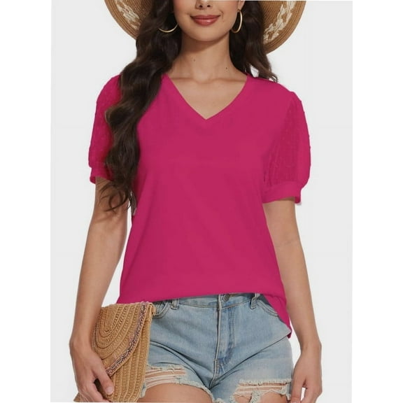 Womens Casual Cropped T Shirts V Neck Swiss Dot Puff Sleeve Crop Tops Summer Loose Basic Tees Tshirts