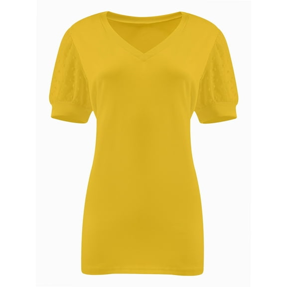 Womens Casual Cropped T Shirts V Neck Swiss Dot Puff Sleeve Crop Tops Summer Loose Basic Tees Tshirts