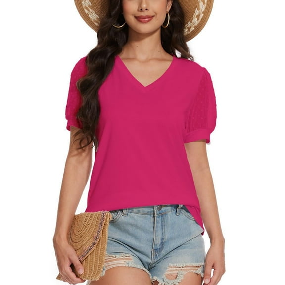 Womens Casual Cropped T Shirts V Neck Swiss Dot Puff Sleeve Crop Tops Summer Loose Basic Tees Tshirts