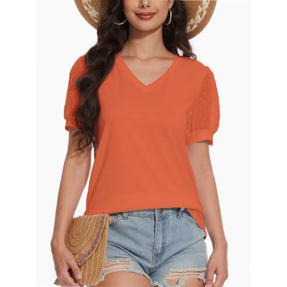 Women's V-Neck Cropped T-Shirt - Swiss Dot Puff Sleeve Casual Top - Loose Fit Summer Basic Tee