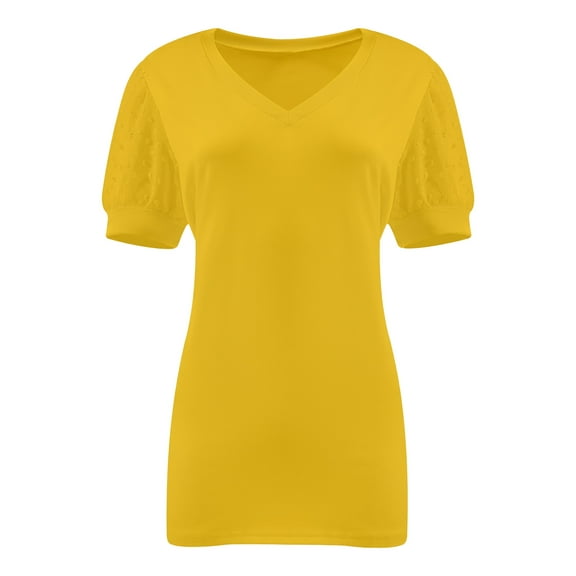 Womens Casual Cropped T Shirts V Neck Swiss Dot Puff Sleeve Crop Tops Summer Loose Basic Tees Tshirts