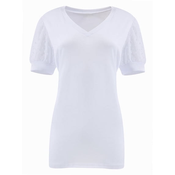 Womens Casual Cropped T Shirts V Neck Swiss Dot Puff Sleeve Crop Tops Summer Loose Basic Tees Tshirts