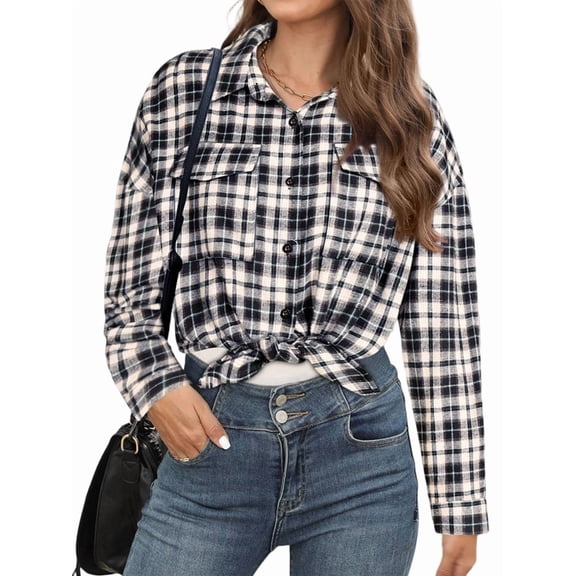 Womens Casual Cuffed Long Sleeve Boyfriend Button Down Plaid Flannel Shirt Tops Black XL