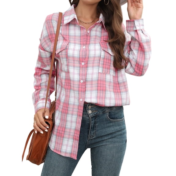 Womens Casual Cuffed Long Sleeve Boyfriend Button Down Plaid Flannel Shirt Tops Pink M