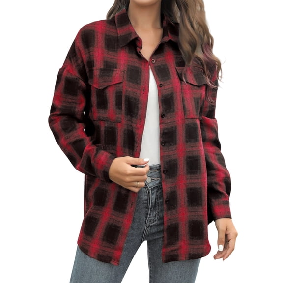 Womens Casual Cuffed Long Sleeve Boyfriend Button Down Plaid Flannel Shirt Tops Red XXL