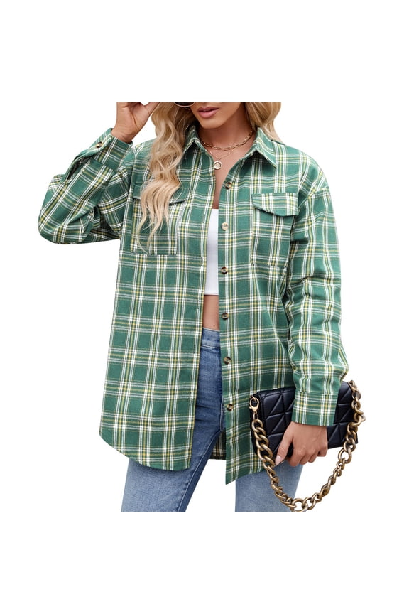 Womens Casual Cuffed Long Sleeve Boyfriend Button Down Plaid Flannel Shirt Tops