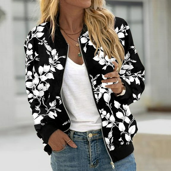 Womens Casual Daily Jackets Lightweight Zip Up Casual Jacket Floral Print Coat Stand Collar Short Sports Outwear Zipper Tops New Clothes Fashion for Women Sweater Jacket for Women Casual Women's
