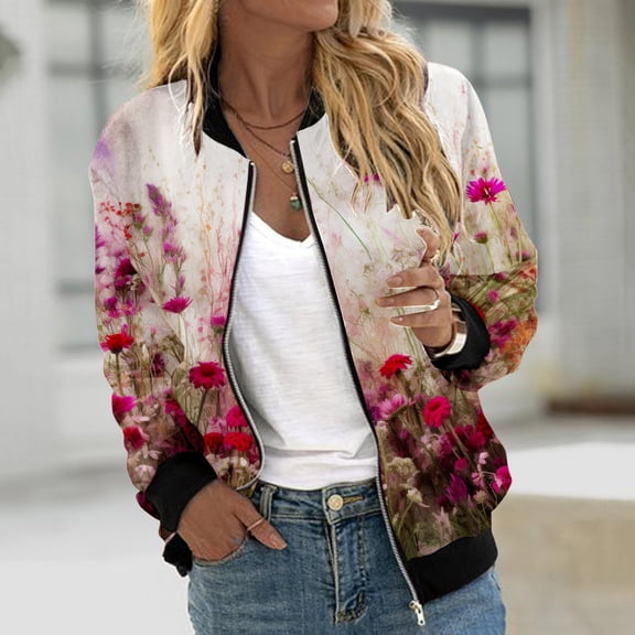 Womens Casual Daily Jackets Lightweight Zip Up Casual Jacket Floral Print Coat Stand Collar Short Sports Outwear Zipper Tops Wool Jacket Women Womens Winter Coat Womens Jackets Trendy Women Casual