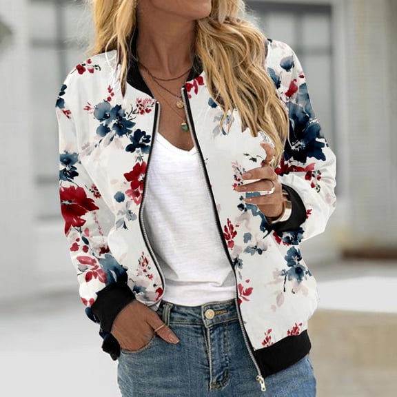 Womens Casual Daily Jackets Lightweight Zip Up Casual Jacket Floral Print Coat Stand Collar Short Sports Outwear Zipper Tops Wool Jacket Women Womens Winter Coat Womens Jackets Trendy Women Casual