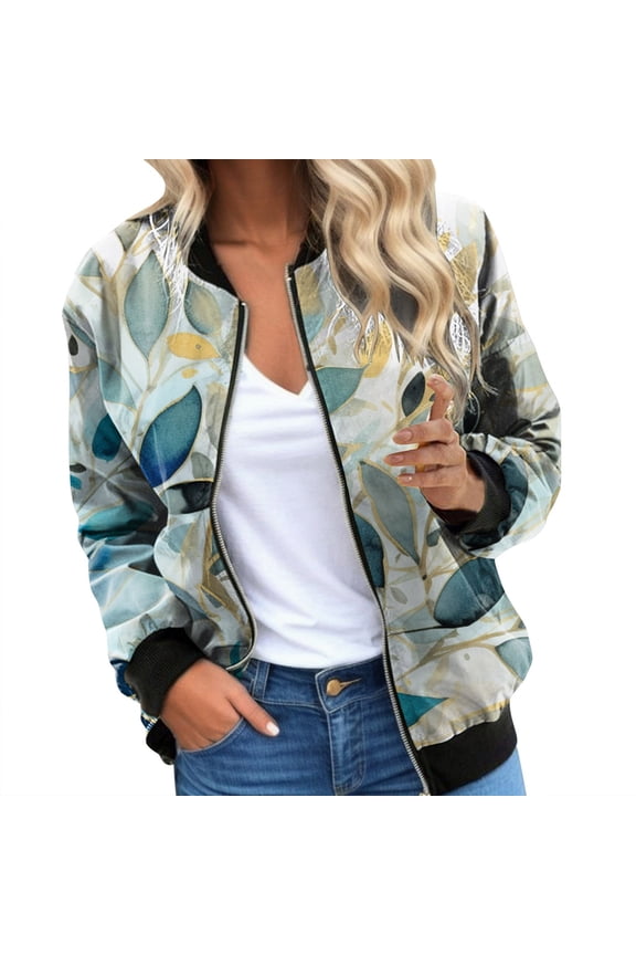 Womens Casual Daily Jackets Lightweight Zip Up Casual Jacket Leopard&Floral Print Coat Stand Collar Short Sports Outwear