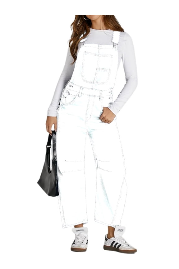 Womens Casual Denim Bib Overalls Barrel Leg Adjustable Strap Jean Pants Jumpsuits with Pockets