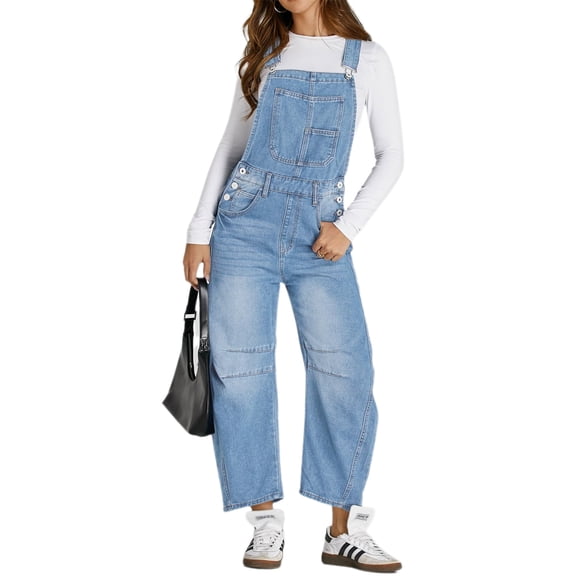 Women Sleeveless Denim Overall Pants Casual Loose Barrel Leg Jeans Jumpsuit with Pockets