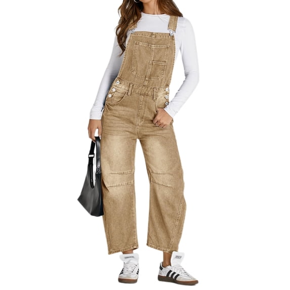 Women Sleeveless Denim Overall Pants Casual Loose Barrel Leg Jeans Jumpsuit with Pockets