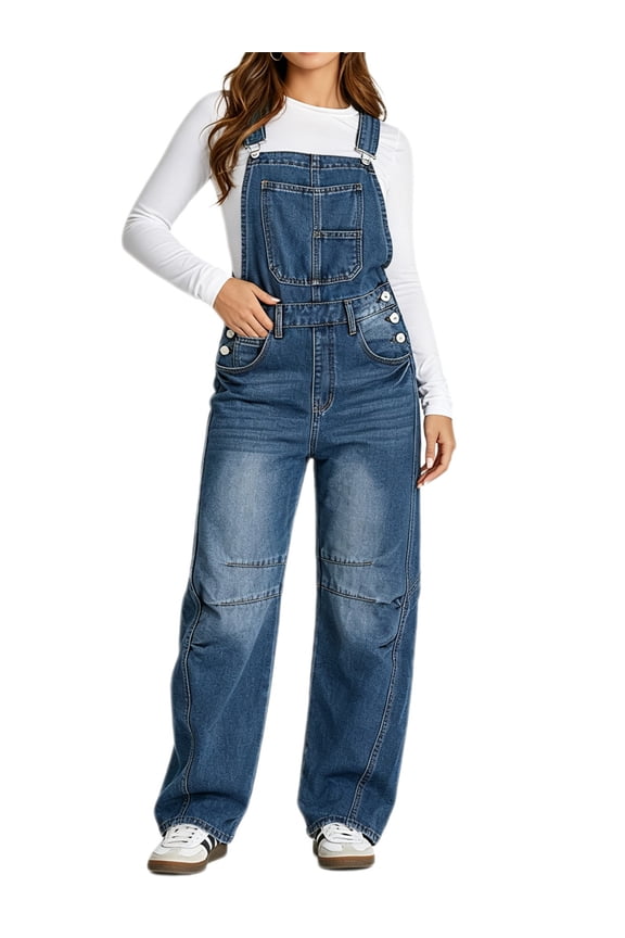 Women Sleeveless Denim Overall Pants Casual Loose Barrel Leg Jeans Jumpsuit with Pockets