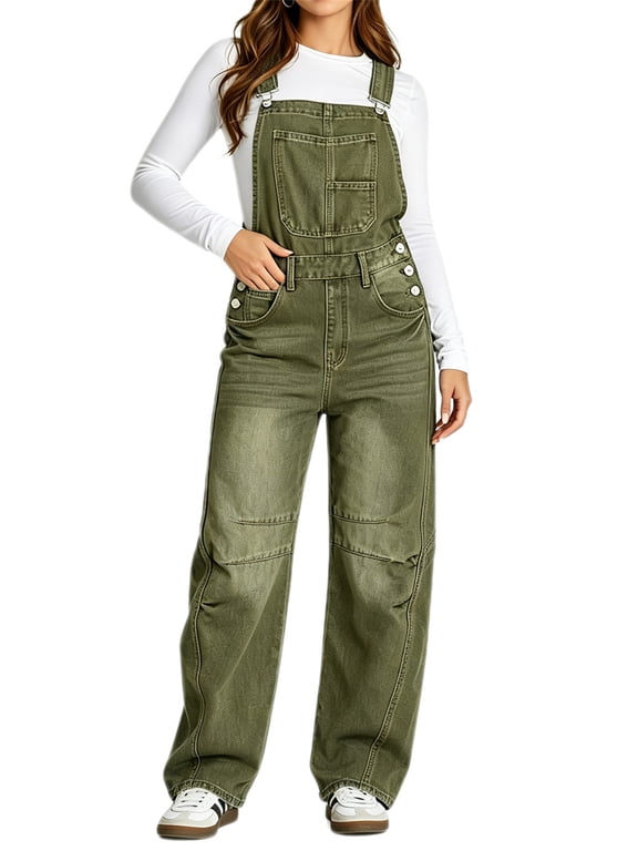 Women Sleeveless Denim Overall Pants Casual Loose Barrel Leg Jeans Jumpsuit with Pockets