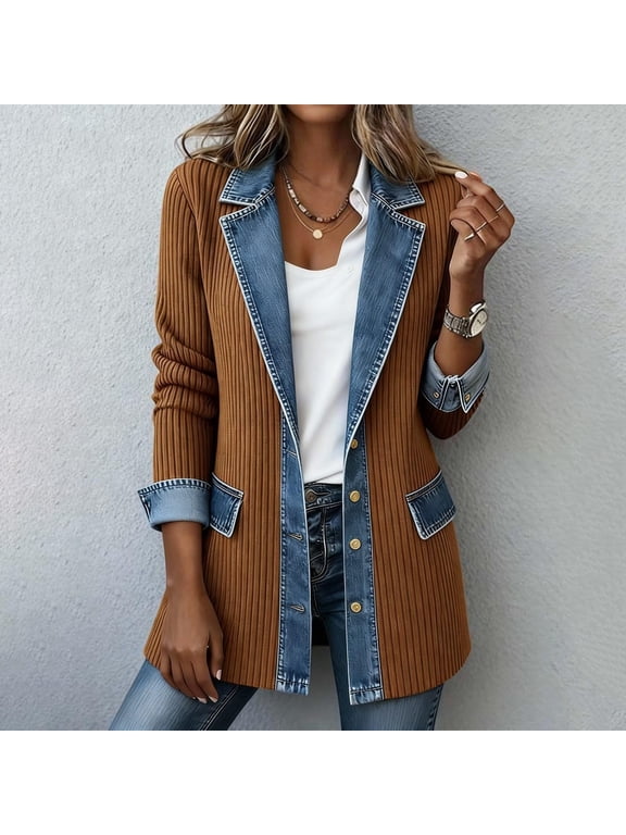 Womens Casual Denim Patchwork Lapel Jacket Open Front Button Long Sleeve Cardigan with Pockets Brown XXL