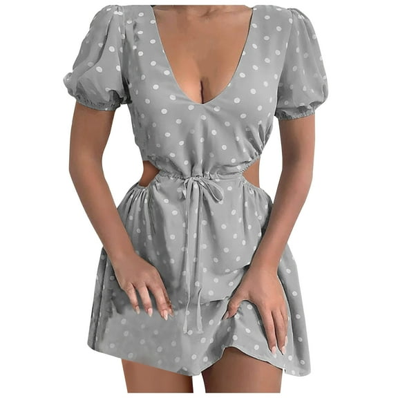 Womens Casual Dot V-Neck Hollow Waist Short Sleeves Dress Mini Dress Summer Sexy Boho Floral Sundresses Wedding Guest Graduation Prom Formal Bodycon Cocktail Dresses A519-8175