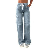 Womens Casual Drawstring Denim Pants 2024 Vintage Outdoor Cargo Pants Straight Leg High Waisted Trousers with Multi-pocket