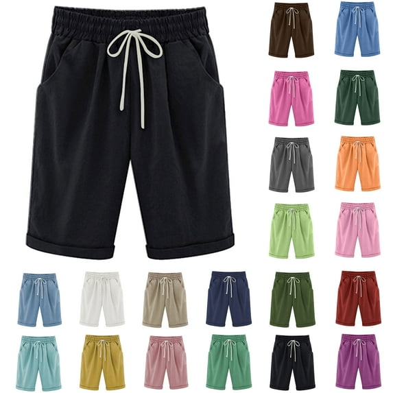 Womens Casual Drawstring Elastic Waist Comfy Cotton Linen Bermuda Shorts for Women Plus Size Solid Color Summer Half Short Pant
