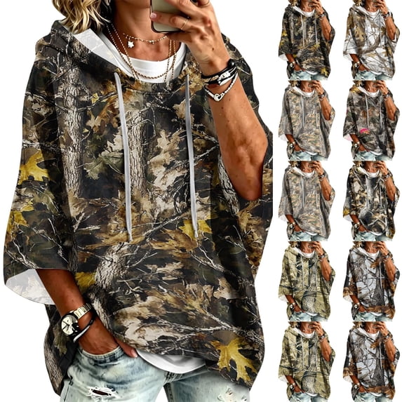 Womens Casual Drawstring Hoodie 3/4 Sleeve All Over Leaf Print Relax Fit Lightweight Blouse For Weekend Gathering