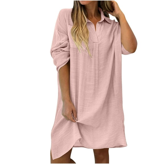 Womens Casual Dress A-Line Rolled-Up Long Sleeve V Neck Midi Dress 2025 Fashion Pleated Flowy Sundress Loose Shirt Dresses